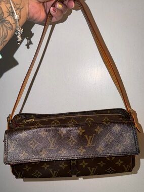 Louis Vuitton Brown Monogram Shoulder Bag with Tan Strap